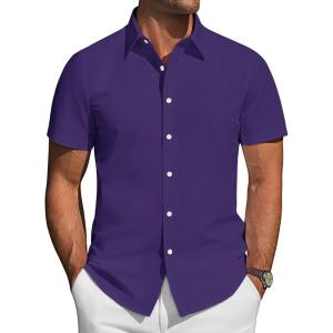imageJVER Mens Short Sleeve Button Down Shirt Stretch Business Casual Dress Shirts Solid Summer Wedding Prom TopsDark Purple