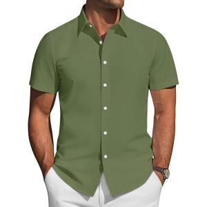 imageJVER Mens Short Sleeve Button Down Shirt Stretch Business Casual Dress Shirts Solid Summer Wedding Prom TopsGreen