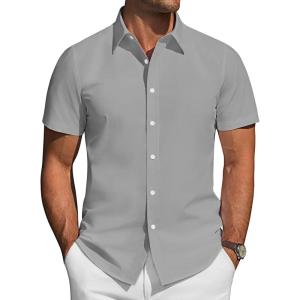 imageJVER Mens Short Sleeve Button Down Shirt Stretch Business Casual Dress Shirts Solid Summer Wedding Prom TopsLight Grey