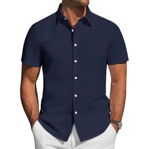 imageJVER Mens Short Sleeve Button Down Shirt Stretch Business Casual Dress Shirts Solid Summer Wedding Prom TopsNavy Blue
