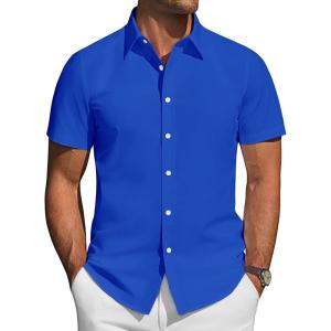 imageJVER Mens Short Sleeve Button Down Shirt Stretch Business Casual Dress Shirts Solid Summer Wedding Prom TopsRoyal Blue