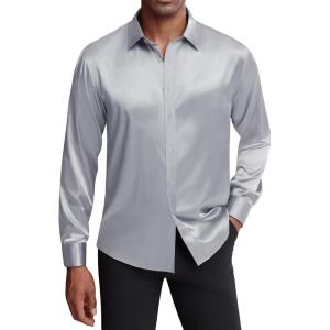 imageJVER Mens Silk Satin Long Sleeve Dress Shirts Shiny Casual Button Down Shirt Luxury Party Prom ShirtsDark Silver