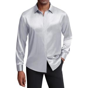 imageJVER Mens Silk Satin Long Sleeve Dress Shirts Shiny Casual Button Down Shirt Luxury Party Prom ShirtsSilver Blue