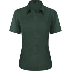 imageJVER Womens Button Down Shirts Stretch Wrinkle Free Formal Short Sleeve Dress Shirt Summer Work Blouses Business Casual TopsArmy Green