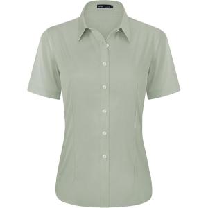 imageJVER Womens Button Down Shirts Stretch Wrinkle Free Formal Short Sleeve Dress Shirt Summer Work Blouses Business Casual TopsAvocado Green