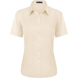 imageJVER Womens Button Down Shirts Stretch Wrinkle Free Formal Short Sleeve Dress Shirt Summer Work Blouses Business Casual TopsBeige
