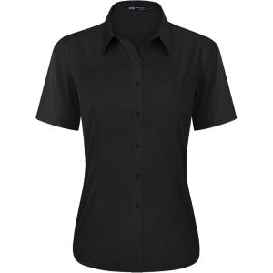 imageJVER Womens Button Down Shirts Stretch Wrinkle Free Formal Short Sleeve Dress Shirt Summer Work Blouses Business Casual TopsBlack