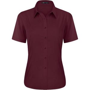 imageJVER Womens Button Down Shirts Stretch Wrinkle Free Formal Short Sleeve Dress Shirt Summer Work Blouses Business Casual TopsBurgundy
