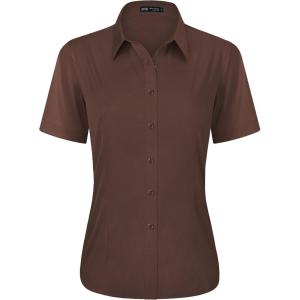 imageJVER Womens Button Down Shirts Stretch Wrinkle Free Formal Short Sleeve Dress Shirt Summer Work Blouses Business Casual TopsCoffee