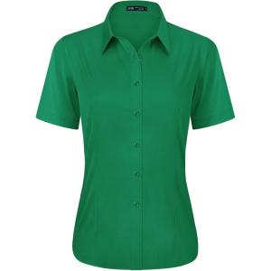 imageJVER Womens Button Down Shirts Stretch Wrinkle Free Formal Short Sleeve Dress Shirt Summer Work Blouses Business Casual TopsDark Green
