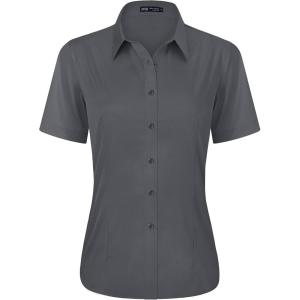 imageJVER Womens Button Down Shirts Stretch Wrinkle Free Formal Short Sleeve Dress Shirt Summer Work Blouses Business Casual TopsDark Grey