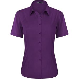 imageJVER Womens Button Down Shirts Stretch Wrinkle Free Formal Short Sleeve Dress Shirt Summer Work Blouses Business Casual TopsDark Purple