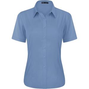 imageJVER Womens Button Down Shirts Stretch Wrinkle Free Formal Short Sleeve Dress Shirt Summer Work Blouses Business Casual TopsGrey Blue