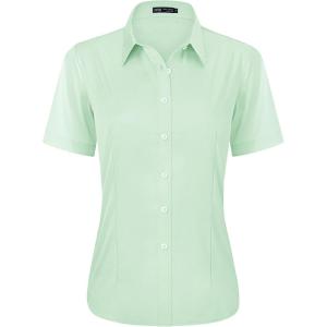 imageJVER Womens Button Down Shirts Stretch Wrinkle Free Formal Short Sleeve Dress Shirt Summer Work Blouses Business Casual TopsLight Green