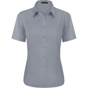 imageJVER Womens Button Down Shirts Stretch Wrinkle Free Formal Short Sleeve Dress Shirt Summer Work Blouses Business Casual TopsLight Grey
