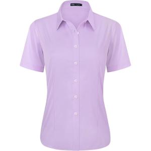 imageJVER Womens Button Down Shirts Stretch Wrinkle Free Formal Short Sleeve Dress Shirt Summer Work Blouses Business Casual TopsLight Purple