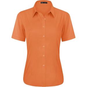imageJVER Womens Button Down Shirts Stretch Wrinkle Free Formal Short Sleeve Dress Shirt Summer Work Blouses Business Casual TopsOrange