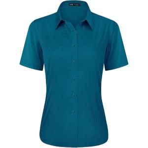 imageJVER Womens Button Down Shirts Stretch Wrinkle Free Formal Short Sleeve Dress Shirt Summer Work Blouses Business Casual TopsPeacock Blue