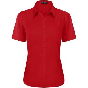 imageJVER Womens Button Down Shirts Stretch Wrinkle Free Formal Short Sleeve Dress Shirt Summer Work Blouses Business Casual TopsRed
