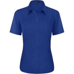 imageJVER Womens Button Down Shirts Stretch Wrinkle Free Formal Short Sleeve Dress Shirt Summer Work Blouses Business Casual TopsRoyal Blue