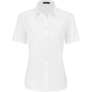 imageJVER Womens Button Down Shirts Stretch Wrinkle Free Formal Short Sleeve Dress Shirt Summer Work Blouses Business Casual TopsWhite