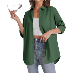 imageJVER Womens Oversized Button Down Shirts Casual Long Sleeve Lightweight Breathable Solid Cotton Blouse Office Dress ShirtArmy Green