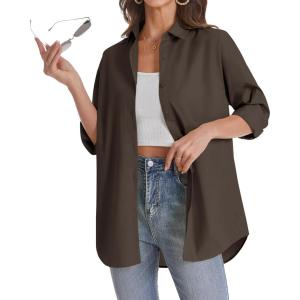 imageJVER Womens Oversized Button Down Shirts Casual Long Sleeve Lightweight Breathable Solid Cotton Blouse Office Dress ShirtCoffee
