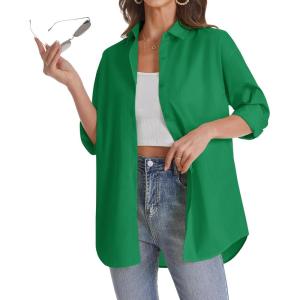 imageJVER Womens Oversized Button Down Shirts Casual Long Sleeve Lightweight Breathable Solid Cotton Blouse Office Dress ShirtDark Green