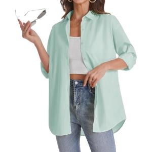 imageJVER Womens Oversized Button Down Shirts Casual Long Sleeve Lightweight Breathable Solid Cotton Blouse Office Dress ShirtLight Green