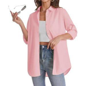 imageJVER Womens Oversized Button Down Shirts Casual Long Sleeve Lightweight Breathable Solid Cotton Blouse Office Dress ShirtLight Pink