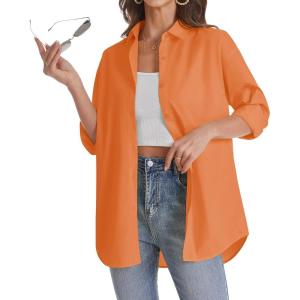 imageJVER Womens Oversized Button Down Shirts Casual Long Sleeve Lightweight Breathable Solid Cotton Blouse Office Dress ShirtOrange
