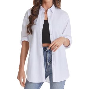 imageJVER Womens Oversized Button Down Shirts Casual Long Sleeve Lightweight Breathable Solid Cotton Blouse Office Dress ShirtWhite