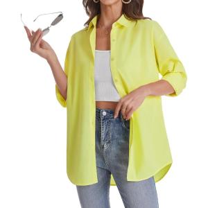 imageJVER Womens Oversized Button Down Shirts Casual Long Sleeve Lightweight Breathable Solid Cotton Blouse Office Dress ShirtYellow