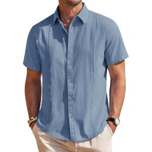 imageMens Linen Shirts Short Sleeve Button Down Shirt Casual Cuban Guayabera Lightweight Summer Beach Solid TopsAiry Blue