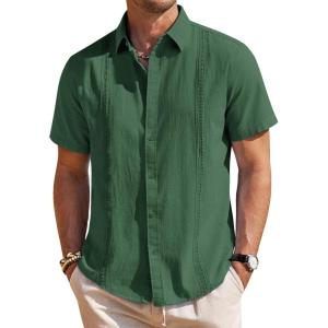 imageMens Linen Shirts Short Sleeve Button Down Shirt Casual Cuban Guayabera Lightweight Summer Beach Solid TopsArmy Green