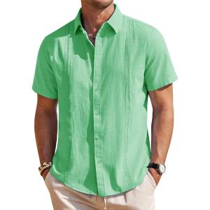 imageMens Linen Shirts Short Sleeve Button Down Shirt Casual Cuban Guayabera Lightweight Summer Beach Solid TopsBright Green