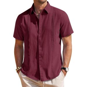 imageMens Linen Shirts Short Sleeve Button Down Shirt Casual Cuban Guayabera Lightweight Summer Beach Solid TopsBurgundy