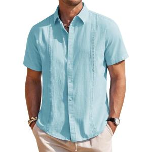 imageMens Linen Shirts Short Sleeve Button Down Shirt Casual Cuban Guayabera Lightweight Summer Beach Solid TopsFluorescent Blue