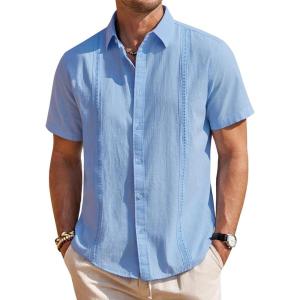 imageMens Linen Shirts Short Sleeve Button Down Shirt Casual Cuban Guayabera Lightweight Summer Beach Solid TopsLight Blue