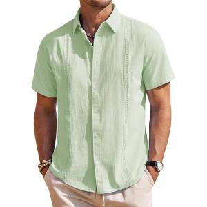 imageMens Linen Shirts Short Sleeve Button Down Shirt Casual Cuban Guayabera Lightweight Summer Beach Solid TopsLight Green