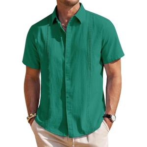 imageMens Linen Shirts Short Sleeve Button Down Shirt Casual Cuban Guayabera Lightweight Summer Beach Solid TopsTeal