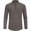 imageJVER Mens Linen Roll Up Long Sleeve Shirt Cotton Casual Beach Shirts Henley TShirt Band Collar Vacation Tops with PocketDark Brown