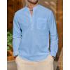 imageJVER Mens Linen Roll Up Long Sleeve Shirt Cotton Casual Beach Shirts Henley TShirt Band Collar Vacation Tops with PocketLight Blue
