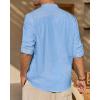 imageJVER Mens Linen Roll Up Long Sleeve Shirt Cotton Casual Beach Shirts Henley TShirt Band Collar Vacation Tops with PocketLight Blue