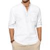 imageJVER Mens Linen Roll Up Long Sleeve Shirt Cotton Casual Beach Shirts Henley TShirt Band Collar Vacation Tops with PocketAwhite