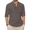 imageJVER Mens Linen Roll Up Long Sleeve Shirt Cotton Casual Beach Shirts Henley TShirt Band Collar Vacation Tops with PocketDark Brown
