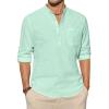 imageJVER Mens Linen Roll Up Long Sleeve Shirt Cotton Casual Beach Shirts Henley TShirt Band Collar Vacation Tops with PocketMint Green