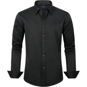 imageJVER Boys Long Sleeve Dress Shirts Solid Stretch WrinkleFree Shirt Kids Casual Button Down ShirtsBlack