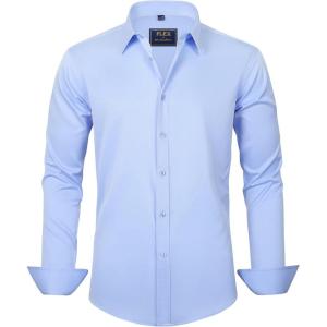 imageJVER Boys Long Sleeve Dress Shirts Solid Stretch WrinkleFree Shirt Kids Casual Button Down ShirtsBlue