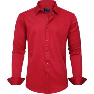 imageJVER Boys Long Sleeve Dress Shirts Solid Stretch WrinkleFree Shirt Kids Casual Button Down ShirtsBright Red
